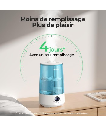 Humidificateur Air 3.6L Cool Mist Top-Fill 19dB Silencieux Plusieurs Modes 7 Couleurs Autonomie 34h rembourrage situé sous