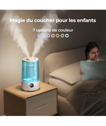 Humidificateur Air 3.6L Cool Mist Top-Fill 19dB Silencieux Plusieurs Modes 7 Couleurs Autonomie 34h rembourrage situé sous