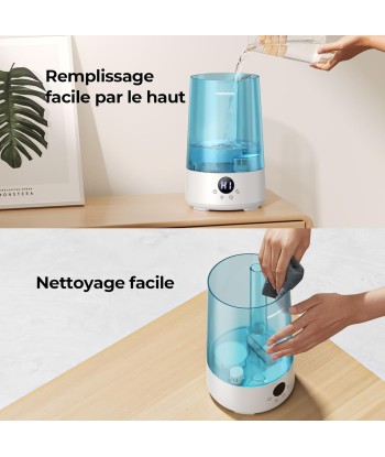 Humidificateur Air 3.6L Cool Mist Top-Fill 19dB Silencieux Plusieurs Modes 7 Couleurs Autonomie 34h rembourrage situé sous