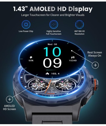 Montre Connectée Bluetooth Ecran 1,43 Pouces Montre Intelligente Etanche IP67 Sportif NOIR hantent personnes