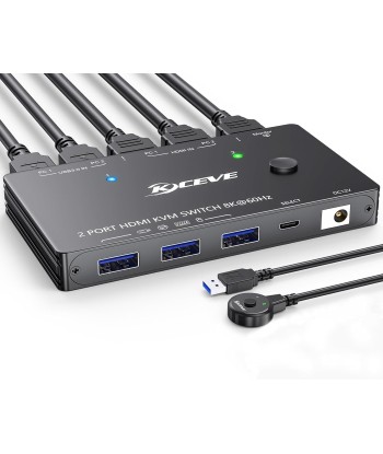 Commutateur KVM 1 moniteur 2 ordinateurs 4K à 144 Hz 8K à 60 Hz, HDMI USB3.0 Commutateurs KVM avec 3 ports USB 3.0, télécommande filaire, adaptateur secteur et câbles USB 3.0 inclus votre