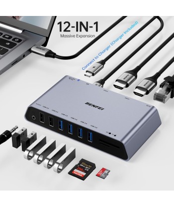 Station Accueil USB 3.0 12en1 DisplayLink Double Ecran HDMI 6 Ports USB Lecteur Carte SD/TF Réseau Ethernet Gigabit Prise Casque 3,5mm Compatible Windows et Mac en ligne