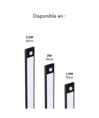 Réglette LED Rechargeable USB 60cm 2,5W Noire avec Détecteur de mouvement rembourrage situé sous