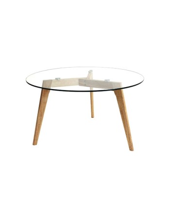 Table Basse Ronde en Verre Transparent et Bois Hévéa pas chere