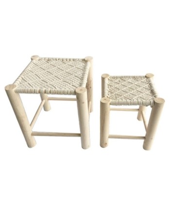 Tabourets Bois Macramé 37 x 37 x 42 cm - 30 x 30 x 35 cm brillant des détails fins