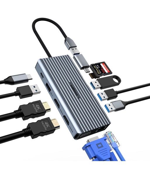 Station d'accueil USB-C 12en1 Triple Affichage 2*4K HDMI VGA 3*USB-A 3.0 USB-A 2.0 LAN SD/TF le concept de la Pate a emporter 