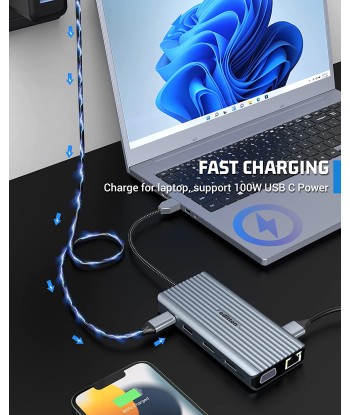 Station d'accueil USB-C 12en1 Triple Affichage 2*4K HDMI VGA 3*USB-A 3.0 USB-A 2.0 LAN SD/TF le concept de la Pate a emporter 