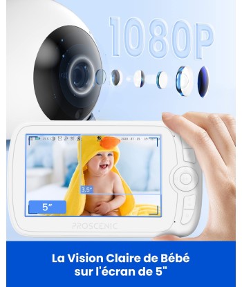 Babyphone Vidéo 1080P Rechargeable 3600mAh Ecran 5" Vision Nocturne Audio Bidirectionnel en ligne