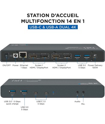 Station d’Accueil Double Ecran 4K60Hz, 14 en 1 HDMI et DisplayPort 4X USB-A 3.0 2X USB-C 3.0 livraison et retour toujours gratuits