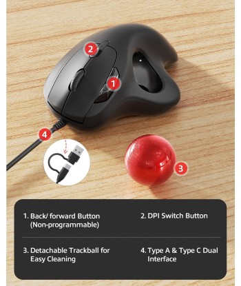 Souris Trackball Filaire Design Ergonomique Contrôle Simple du Pouce Suivi Précis et Fluide NOIR/ROUGE pas cher