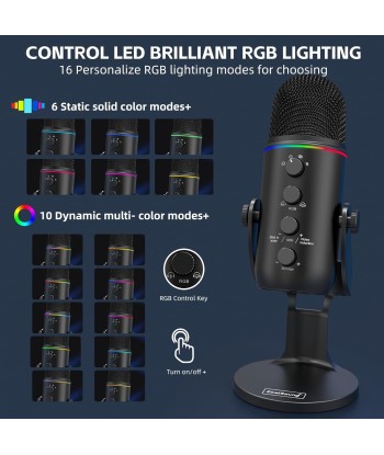 Micro à Condensateur USB Bouton Muet Lumière RGB 4 Pickup Patterns NOIR Fin de série